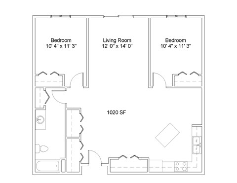 Floor plan for 2 beds, 1 bath, 1020 sqft
